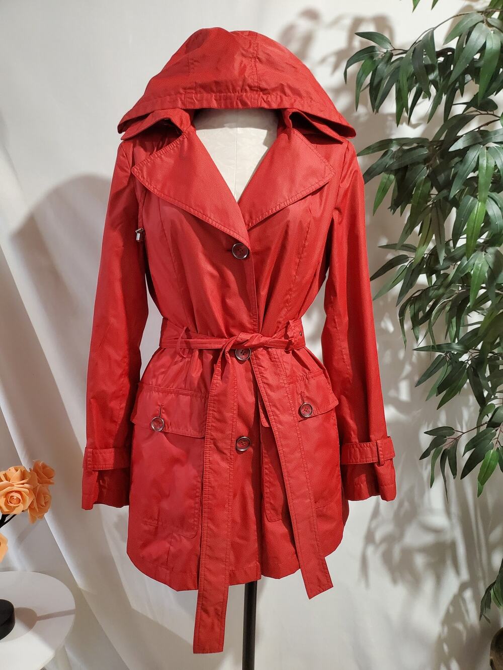 Orvis Womens Belted Rain Trench Coat Jacket Size M Removable Hood Red Outdoors